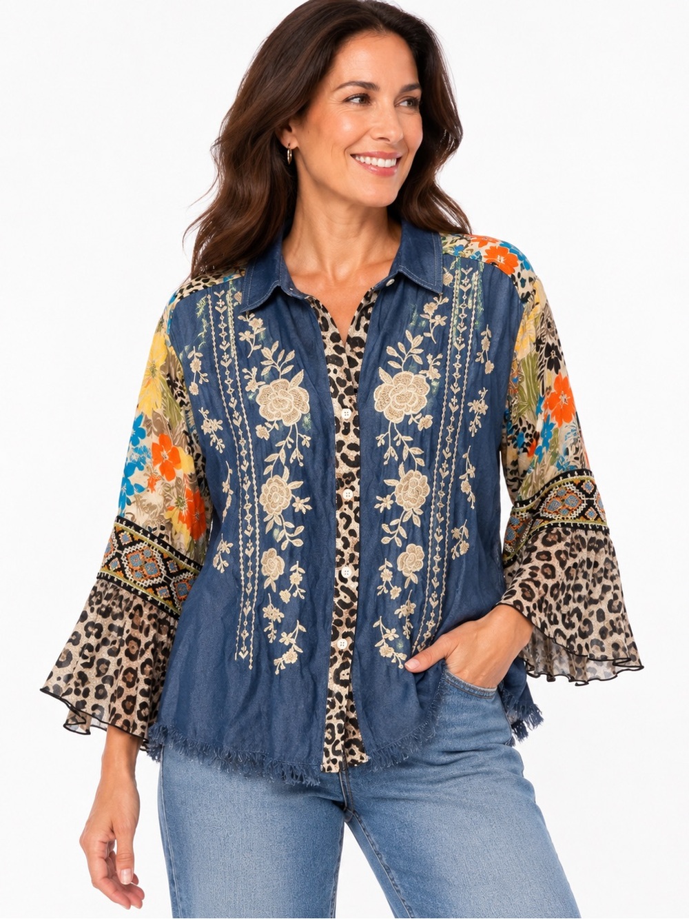 John Mark 3X Embroidered Chambray Blouse Mixed Print Leopard Bell Sleeve Boho